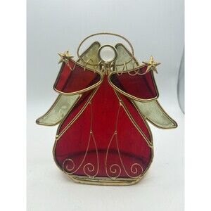 Stained Glass Red Angel Figurine Gold Wire Art Star Hands Vintage Christmas 6”